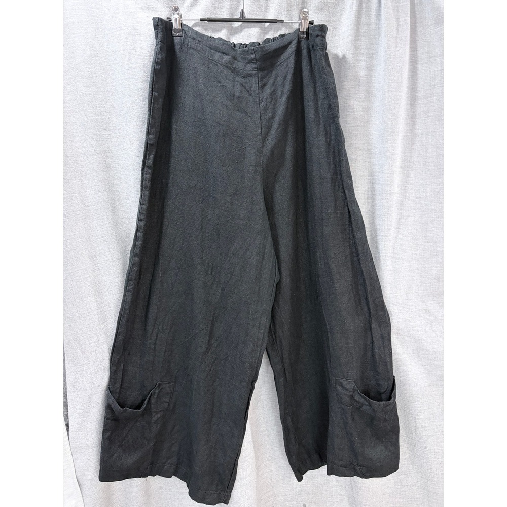 Bryn Walker Black Linen Wide Leg Cropped Pants Ankle Pockets Button Detail L USA - Picture 2 of 15